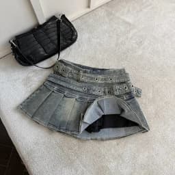 Women's Blue Black Riveted Belt Denim Skirt Y2K Harajuku High Street Fashion 90s Sexy A-line Mini Skirt Summer Clothing 2026 New