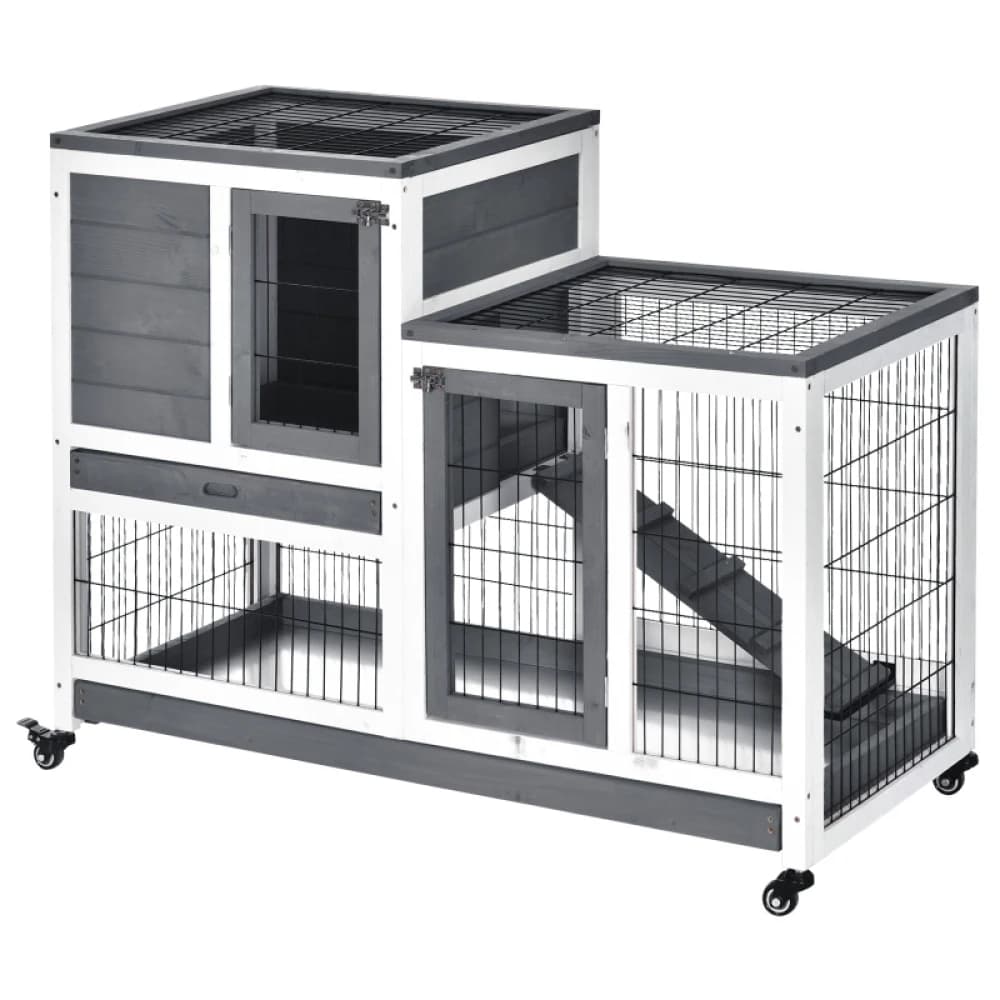 PINGGO Wooden Indoor Rabbit Hutch Guinea Pig House Bunny Small Animal Cage W/ Wheels Enclosed Run 110 X 50 X 88 cm, Grey