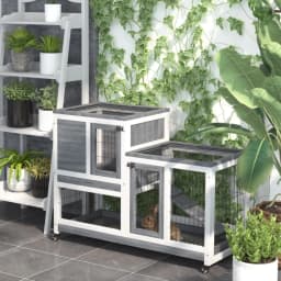PINGGO Wooden Indoor Rabbit Hutch Guinea Pig House Bunny Small Animal Cage W/ Wheels Enclosed Run 110 X 50 X 88 cm, Grey