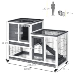 PINGGO Wooden Indoor Rabbit Hutch Guinea Pig House Bunny Small Animal Cage W/ Wheels Enclosed Run 110 X 50 X 88 cm, Grey