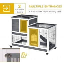 PINGGO Wooden Indoor Rabbit Hutch Guinea Pig House Bunny Small Animal Cage W/ Wheels Enclosed Run 110 X 50 X 88 cm, Grey