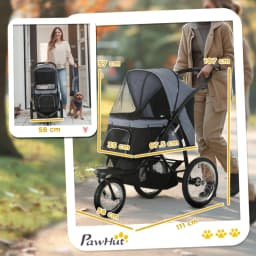 PINGGO Pet Stroller Jogger for Medium Small Dogs, Foldable Cat Pram Dog Pushchair with Adjustable Canopy, 3 Big Wheels, Grey