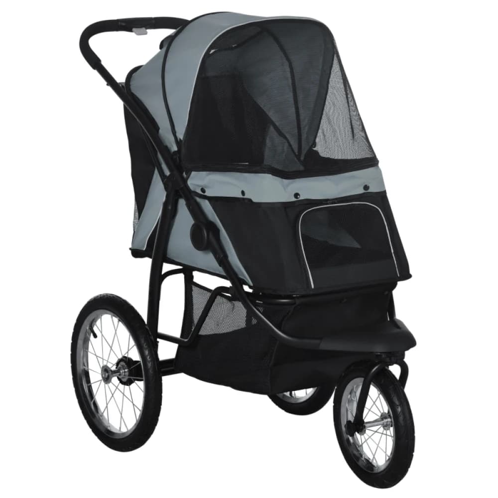 PINGGO Pet Stroller Jogger for Medium Small Dogs, Foldable Cat Pram Dog Pushchair with Adjustable Canopy, 3 Big Wheels, Grey