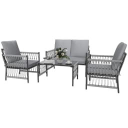 Outsunny 4 Piece Rattan Garden Furniture Set, 4 Seater Wicker Patio Conversation Set with 2 Armchairs, Loveseat, Glass