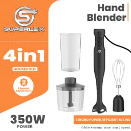 SUPERLEX 350W 4-in-1 Immersion Hand Stick Blender Set, 2 Speed & Turbo Control, Stainless Steel Blade, Includes Whisk, Chopper & Measuring Cup for Soup, Smoothies, Baby Food & Minced Meat