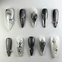 24Pcs 3D Green Ripple Design False Nails Cat's Eye French Almond Fake Nail Tips Leaves Pattern Removable Oval Press on Nails