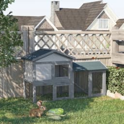 PINGGO Wooden Rabbit Hutch Outdoor, Double Tier with Water-Resistant Roof, Ramp 147 X 54 X 84 cm, Grey