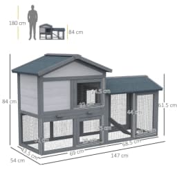 PINGGO Wooden Rabbit Hutch Outdoor, Double Tier with Water-Resistant Roof, Ramp 147 X 54 X 84 cm, Grey