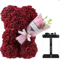 25cm Rose Bear with Artificial Foam Flower Bouquet, Romantic Creative Gift for Valentine's Day & Anniversary
