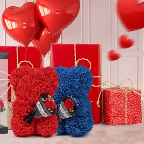 25cm Rose Bear with Artificial Foam Flower Bouquet, Romantic Creative Gift for Valentine's Day & Anniversary