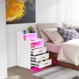 Nightstand With Drawers Wood Bedside Desk with Lighting Sofa Bed Side Table Charging Station 2AC/2USB 6 Layers Modern Nightstand