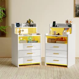 Nightstand With Drawers Wood Bedside Desk with Lighting Sofa Bed Side Table Charging Station 2AC/2USB 6 Layers Modern Nightstand