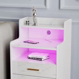 Nightstand With Drawers Wood Bedside Desk with Lighting Sofa Bed Side Table Charging Station 2AC/2USB 6 Layers Modern Nightstand