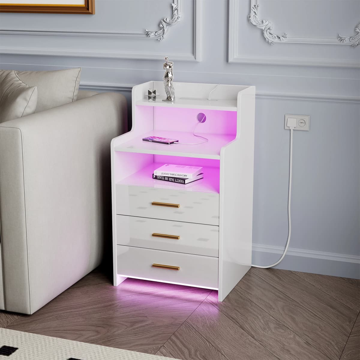 Nightstand With Drawers Wood Bedside Desk with Lighting Sofa Bed Side Table Charging Station 2AC/2USB 6 Layers Modern Nightstand