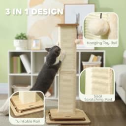 PINGGO 3-in-1 Cat Scratching Post, 87cm Cat Scratcher W/ Track Ball Toy, Oak Tone, Grass Woven Full Coverage, Sturdy Structure