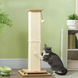 PINGGO 3-in-1 Cat Scratching Post, 87cm Cat Scratcher W/ Track Ball Toy, Oak Tone, Grass Woven Full Coverage, Sturdy Structure