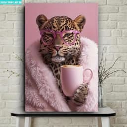 2D Flat 1pc Leopard in Pink Fur Coat Drinking Coffee Wall Art Decor, Suitable for Bedroom, Living Room