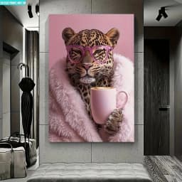 2D Flat 1pc Leopard in Pink Fur Coat Drinking Coffee Wall Art Decor, Suitable for Bedroom, Living Room