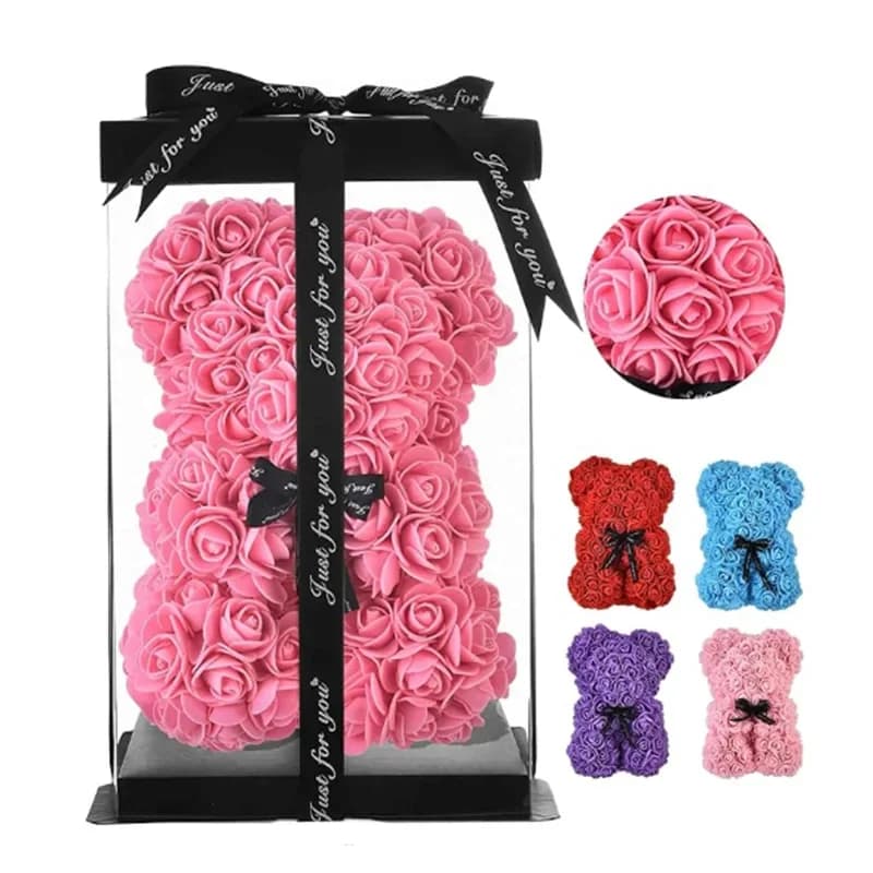 25cm Artificial Rose Teddy Bear with Gift Box, Romantic Valentine's Day Gift for Women, Ideal for Anniversary & Wedding