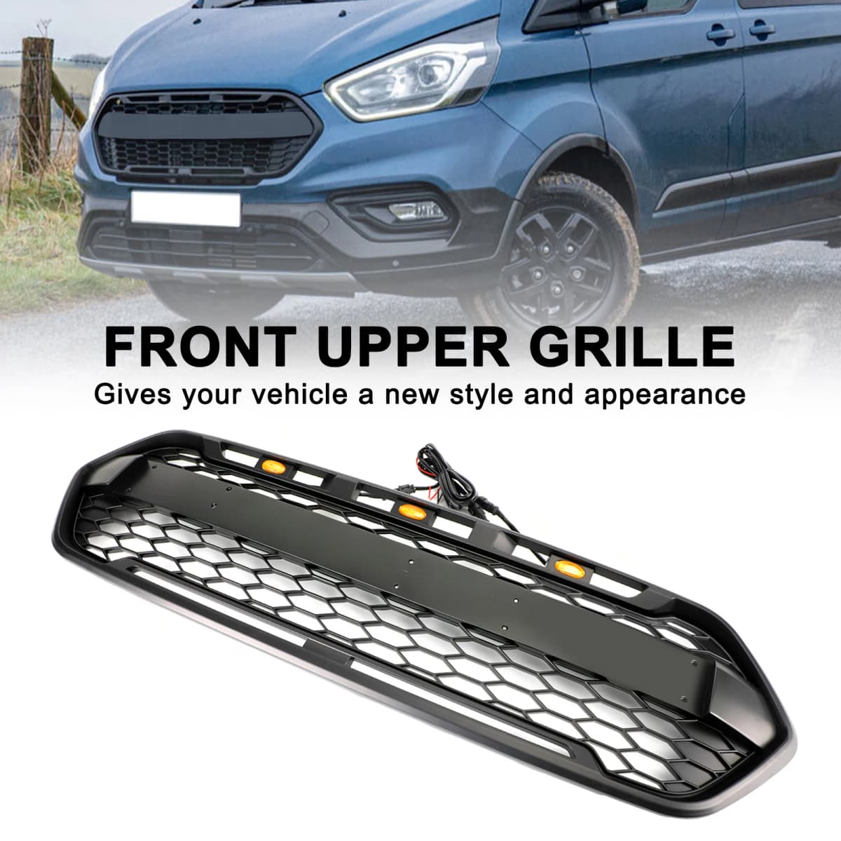 Artudatech Matte Black Front Bumper Grille Raptor Style For Ford Transit Custom Trail W/ 3LED 2018-2023