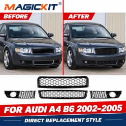 Magickit Honeycomb Grill for Audi A4 B6 Sedan 2002-2005 Front Bumper Upper & Lower Grille Fog Light Lamp Grill 4pcs Set
