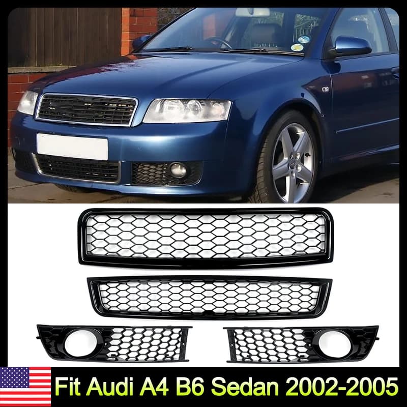 Magickit Honeycomb Grill for Audi A4 B6 Sedan 2002-2005 Front Bumper Upper & Lower Grille Fog Light Lamp Grill 4pcs Set