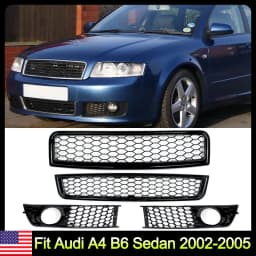 Magickit Honeycomb Grill for Audi A4 B6 Sedan 2002-2005 Front Bumper Upper & Lower Grille Fog Light Lamp Grill 4pcs Set