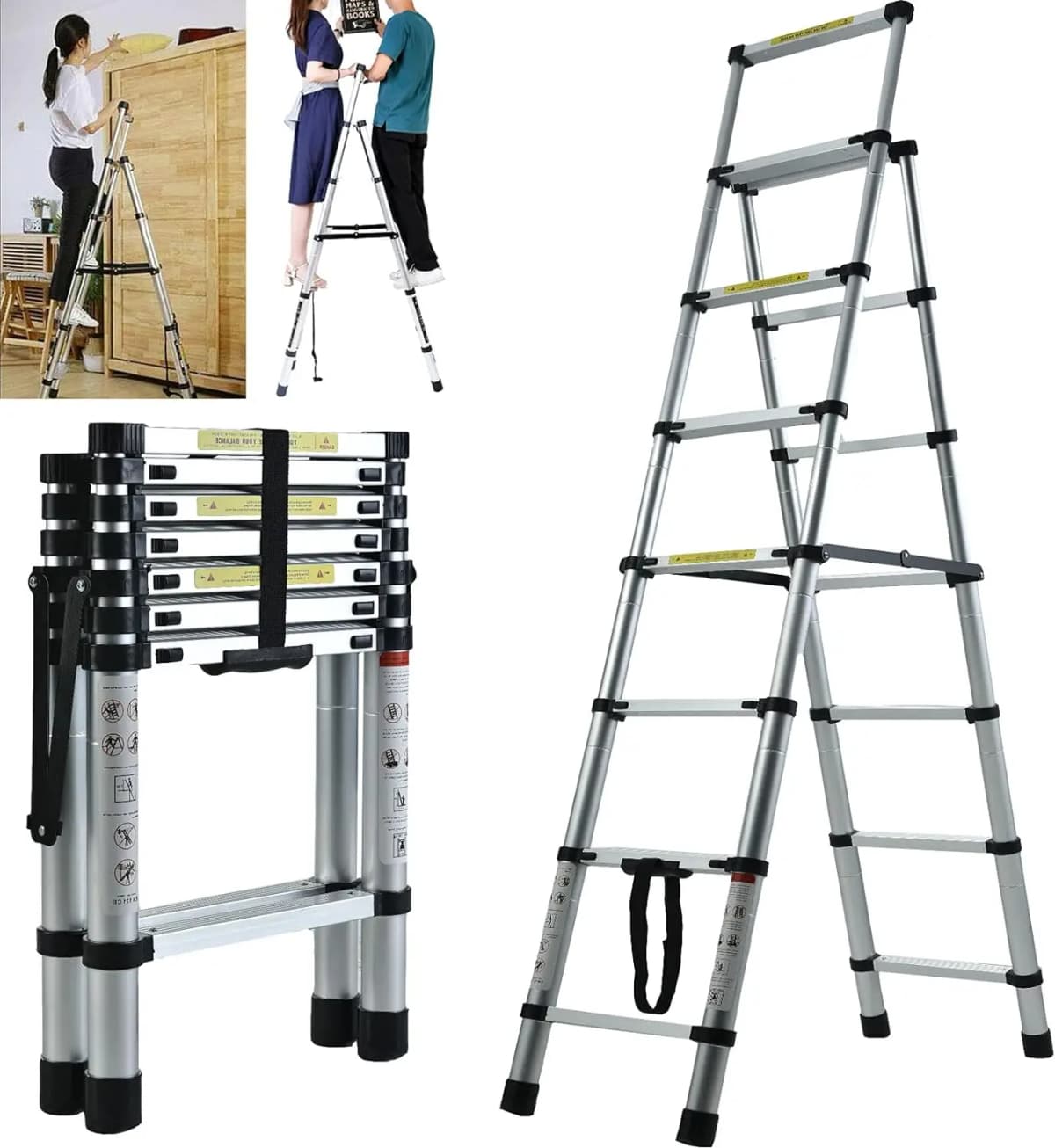 6+7 Steps Aluminium Extension Ladder Telescopic Ladder, Portable, A-Frame Multi-Purpose Anti-Slip Extendable Loft Ladder 150kg