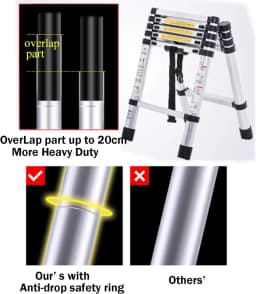 6+7 Steps Aluminium Extension Ladder Telescopic Ladder, Portable, A-Frame Multi-Purpose Anti-Slip Extendable Loft Ladder 150kg