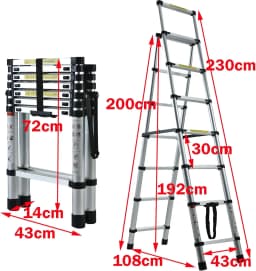 6+7 Steps Aluminium Extension Ladder Telescopic Ladder, Portable, A-Frame Multi-Purpose Anti-Slip Extendable Loft Ladder 150kg