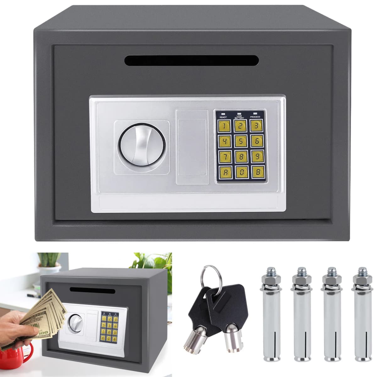 16L Digital Safe Box with Key, Large Home Safe Solid Steel Wall Mounted Electronic Safety Security Box Cabinet Safe-Grey, 2 Keys