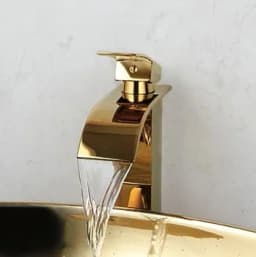 ZAPPO 23 Inch Bathroom Vessel Sink Gold Ceramic Sink Bowl Above Counter Oval Bathroom Sink with Waterfall Faucet Drain Combo