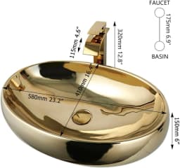 ZAPPO 23 Inch Bathroom Vessel Sink Gold Ceramic Sink Bowl Above Counter Oval Bathroom Sink with Waterfall Faucet Drain Combo