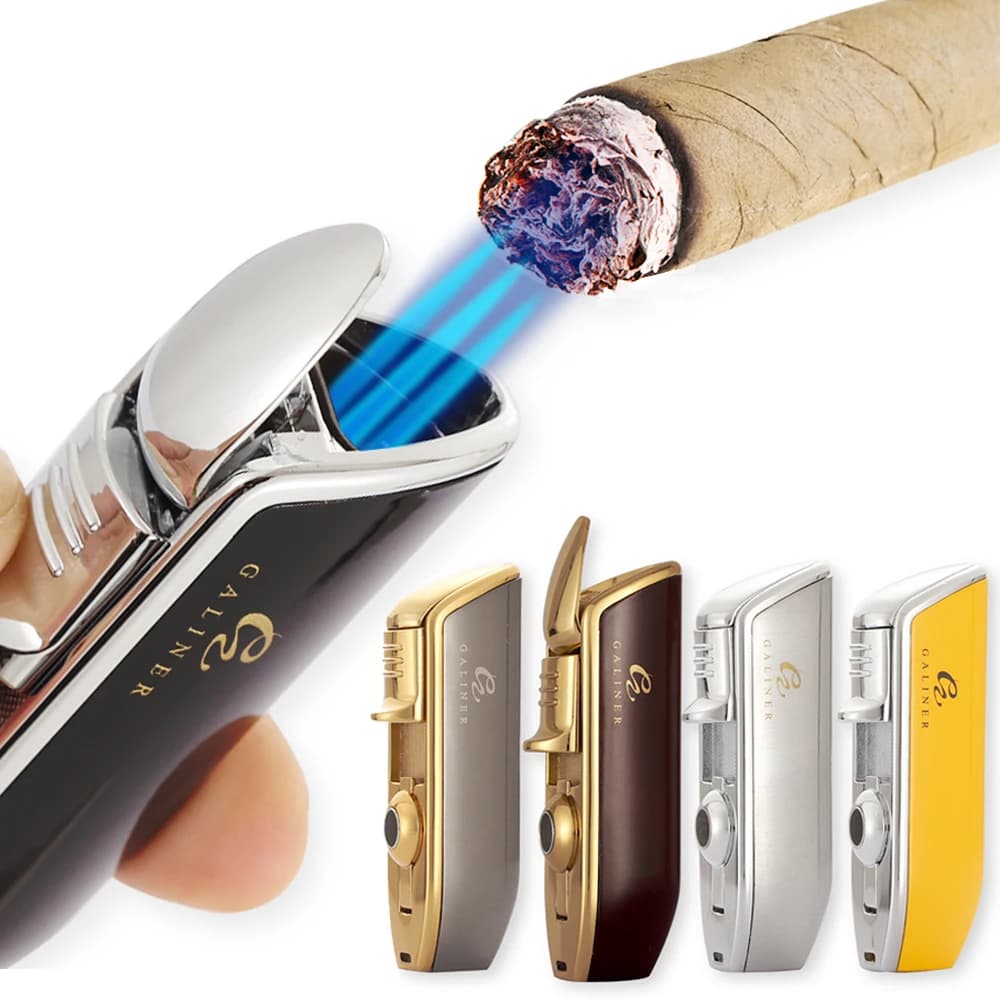 GALINER Metal Cigar Lighter Windproof Portable Butane Gas 3 Torch Jet Lighters Cigar Tool With Cigar Punch