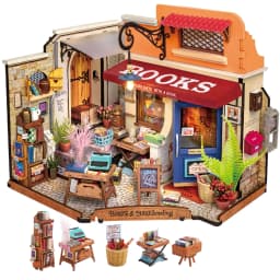 Robotime Rolife Corner Bookstore DIY Miniature House Kit Build Mini House Building Kit with LED Lights Craft Gifts for Kids Girl