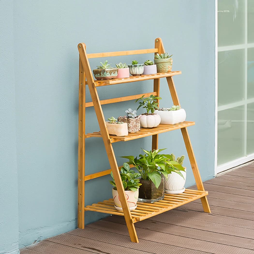 3 TiersBamboo Ladder Plant Stand Foldable Flower Display Rack