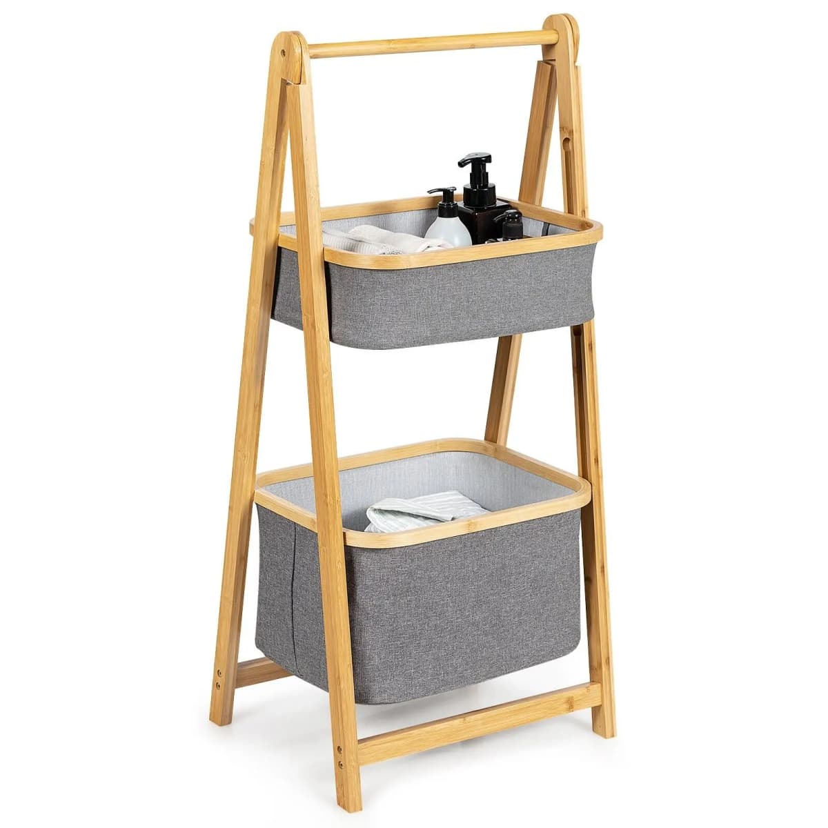 ERGOMASTER Folding Bamboo Laundry Hamper Shelf 2-tier Laundry Toy Organizer Storage Rack