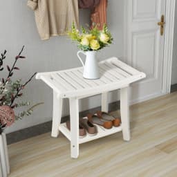 ERGOMASTER Corner Shower Bench Stool Bathroom Seat 2-Tier Storage Shelf Bathroom Foot Rest