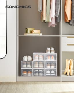 SONGMICS Shoe Boxes, Pack of 8 Stackable Shoe Storage Organisers, Foldable and Versatile for Sneakers, Fit up to UK Size 11