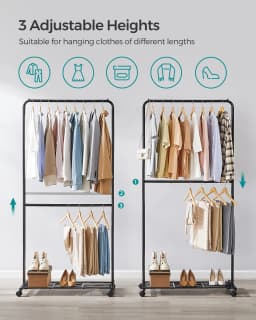 SONGMICS Clothes Rack, Double-Rod Clothes Rail on Wheels, Metal Clothing rail for Bedroom, 91 cm Long Hanging Rail