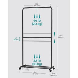 SONGMICS Clothes Rack, Double-Rod Clothes Rail on Wheels, Metal Clothing rail for Bedroom, 91 cm Long Hanging Rail