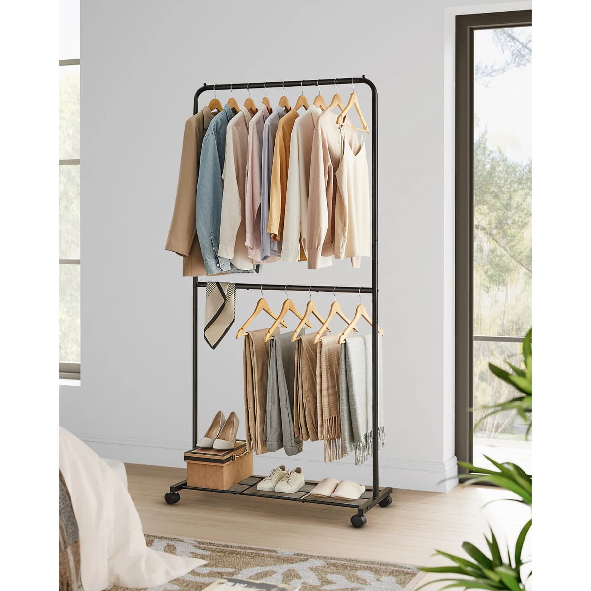 SONGMICS Clothes Rack, Double-Rod Clothes Rail on Wheels, Metal Clothing rail for Bedroom, 91 cm Long Hanging Rail