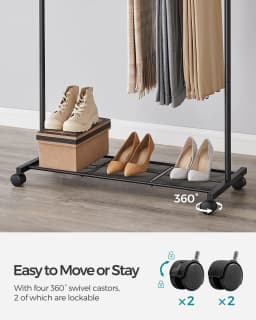 SONGMICS Clothes Rack, Double-Rod Clothes Rail on Wheels, Metal Clothing rail for Bedroom, 91 cm Long Hanging Rail