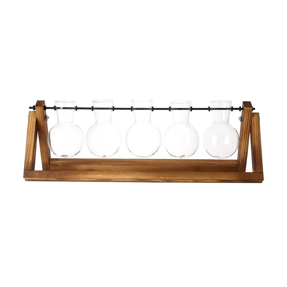 Wooden Plant Propagation Station with 5 Bulbs glass Vase