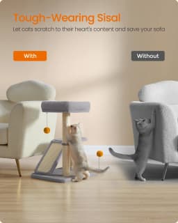 Feandrea Cat Scratching Post with Bed, Multifunctional Cat Scratcher with Rotatable Scratching Ramp, Perch, Self-Groomer
