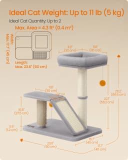 Feandrea Cat Scratching Post with Bed, Multifunctional Cat Scratcher with Rotatable Scratching Ramp, Perch, Self-Groomer