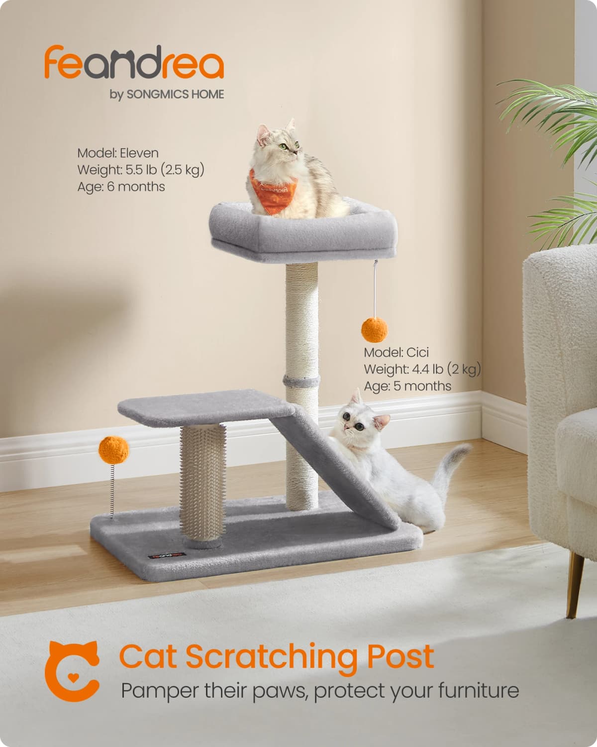 Feandrea Cat Scratching Post with Bed, Multifunctional Cat Scratcher with Rotatable Scratching Ramp, Perch, Self-Groomer