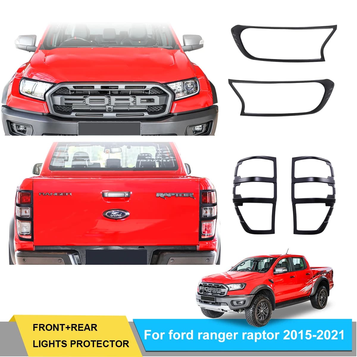 Headlight Cover+Tail Lights Cover Set for Ford Ranger Raptor 2018 2019 2022 Matte Black Rear+Front Lamp Hoods Auto Accessories
