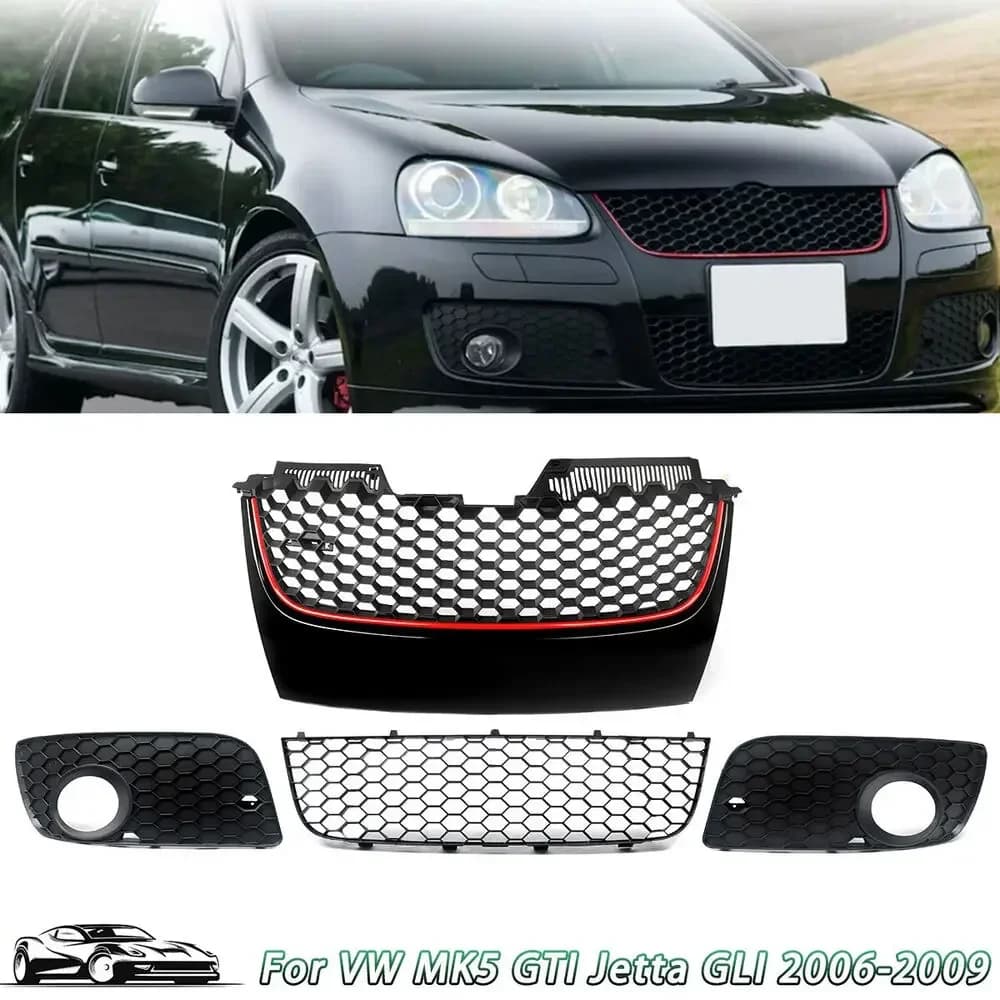 Front Bumper Upper Lower Mesh Grille Red Trim For 06-09 VW Jetta GTI GLI /MK5