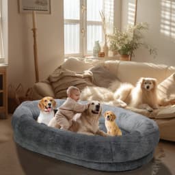 Large Human Dog Bed 66"x43"x17" Human-Sized Big Dog Bed for Adults&Pets Giant Beanbag Bed with Washable Fur Cover and Blanket